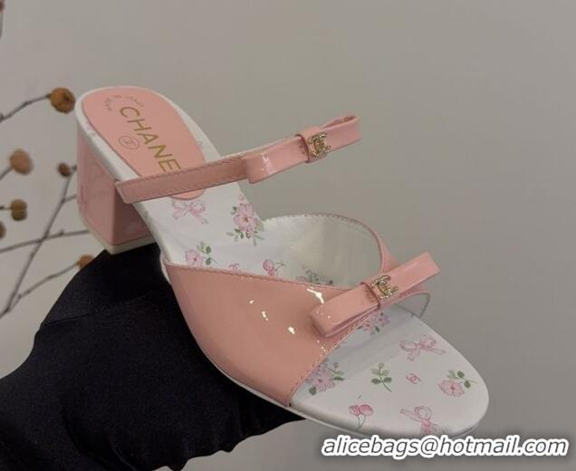 Good Quality Chanel Patent Calfskin Heel Slides Sandal with Bow Light Pink 2025 CH041604