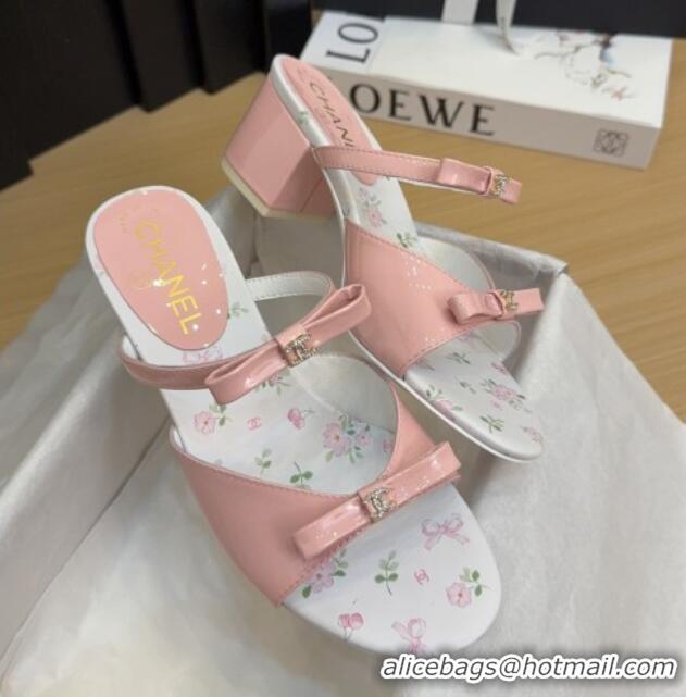 Good Quality Chanel Patent Calfskin Heel Slides Sandal with Bow Light Pink 2025 CH041604