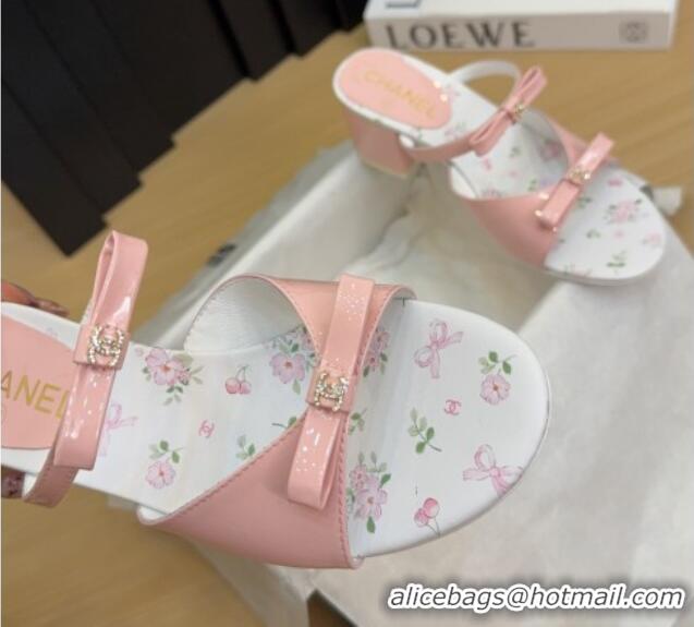 Good Quality Chanel Patent Calfskin Heel Slides Sandal with Bow Light Pink 2025 CH041604
