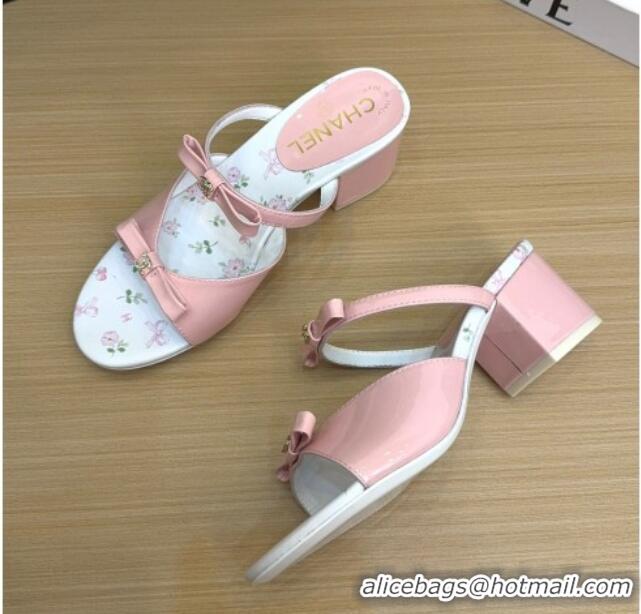 Good Quality Chanel Patent Calfskin Heel Slides Sandal with Bow Light Pink 2025 CH041604