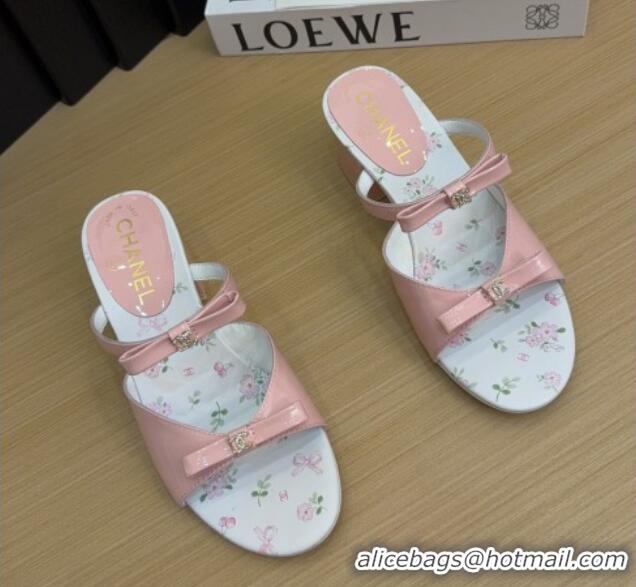 Good Quality Chanel Patent Calfskin Heel Slides Sandal with Bow Light Pink 2025 CH041604