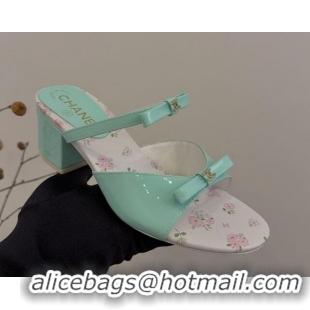 Luxury Cheap Chanel Patent Calfskin Heel Slides Sandal with Bow Light Green 2025 CH041604