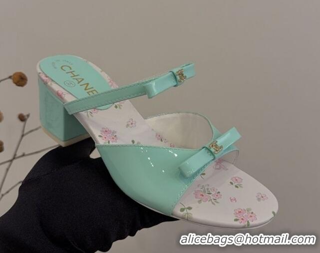 Luxury Cheap Chanel Patent Calfskin Heel Slides Sandal with Bow Light Green 2025 CH041604