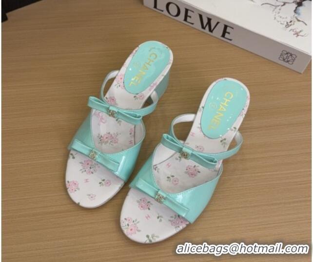 Luxury Cheap Chanel Patent Calfskin Heel Slides Sandal with Bow Light Green 2025 CH041604