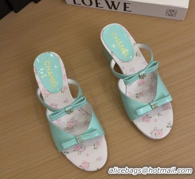 Luxury Cheap Chanel Patent Calfskin Heel Slides Sandal with Bow Light Green 2025 CH041604