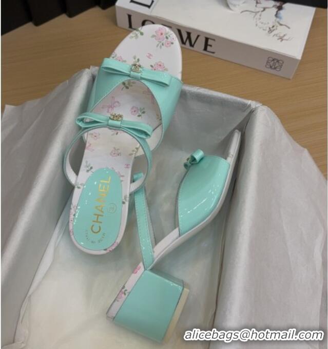 Luxury Cheap Chanel Patent Calfskin Heel Slides Sandal with Bow Light Green 2025 CH041604