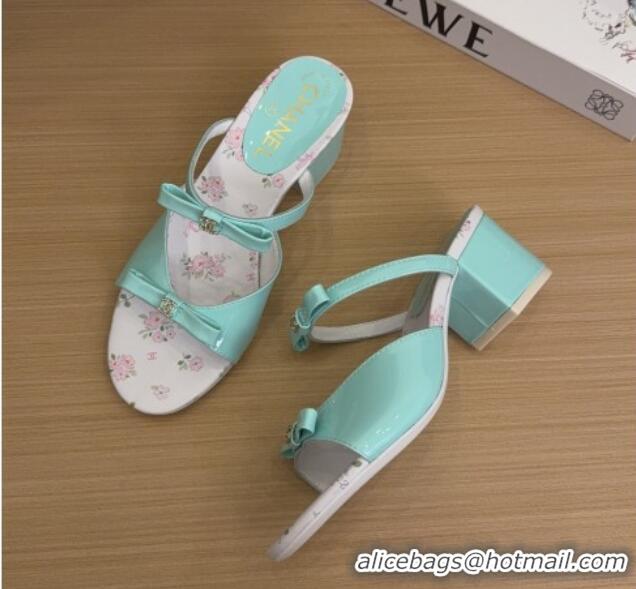 Luxury Cheap Chanel Patent Calfskin Heel Slides Sandal with Bow Light Green 2025 CH041604