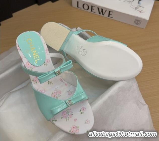 Luxury Cheap Chanel Patent Calfskin Heel Slides Sandal with Bow Light Green 2025 CH041604