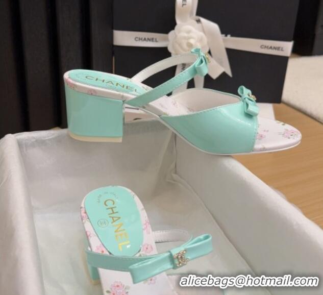 Luxury Cheap Chanel Patent Calfskin Heel Slides Sandal with Bow Light Green 2025 CH041604
