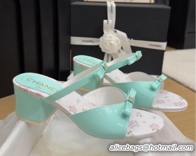 Luxury Cheap Chanel Patent Calfskin Heel Slides Sandal with Bow Light Green 2025 CH041604