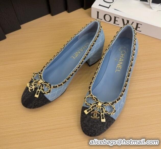 Good Looking Chanel Quilted Denim Pumps with Chain Bow Light Blue 2025 CH041605