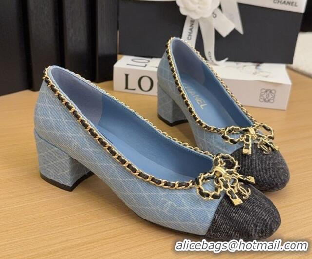 Good Looking Chanel Quilted Denim Pumps with Chain Bow Light Blue 2025 CH041605