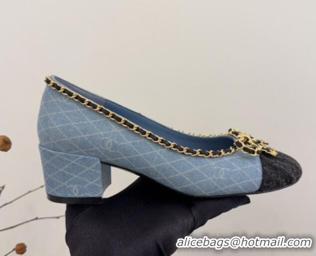 Good Looking Chanel Quilted Denim Pumps with Chain Bow Light Blue 2025 CH041605