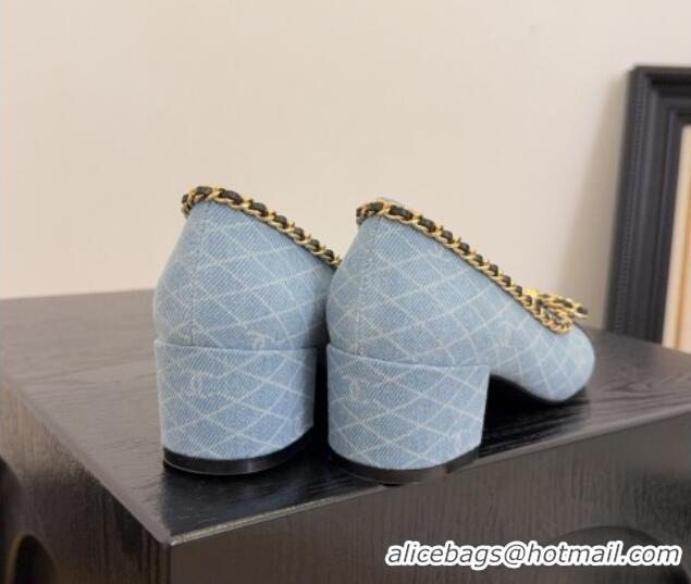 Good Looking Chanel Quilted Denim Pumps with Chain Bow Light Blue 2025 CH041605
