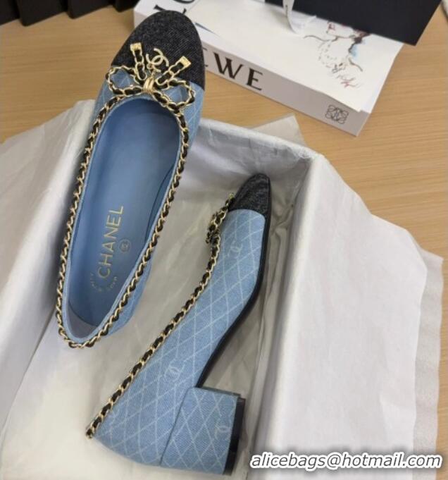 Good Looking Chanel Quilted Denim Pumps with Chain Bow Light Blue 2025 CH041605