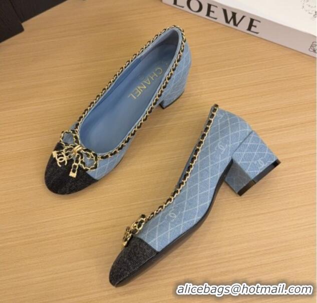 Good Looking Chanel Quilted Denim Pumps with Chain Bow Light Blue 2025 CH041605