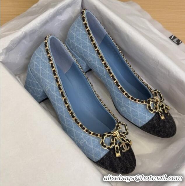 Good Looking Chanel Quilted Denim Pumps with Chain Bow Light Blue 2025 CH041605