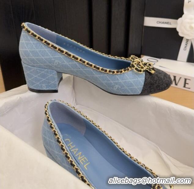 Good Looking Chanel Quilted Denim Pumps with Chain Bow Light Blue 2025 CH041605
