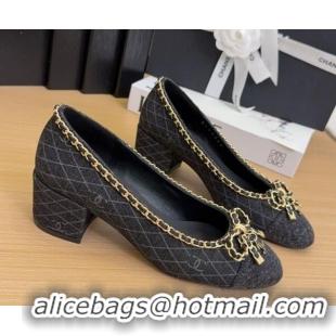 Luxurious Chanel Quilted Denim Pumps with Chain Bow Black 2025 CH041605