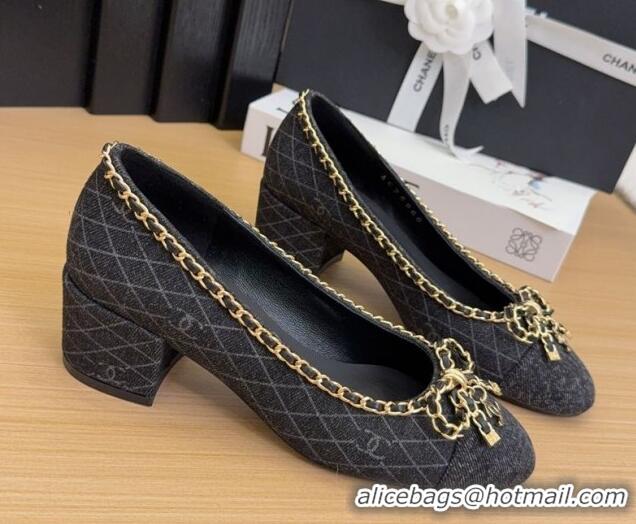 Luxurious Chanel Quilted Denim Pumps with Chain Bow Black 2025 CH041605