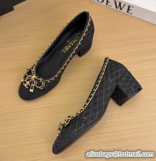 Luxurious Chanel Quilted Denim Pumps with Chain Bow Black 2025 CH041605