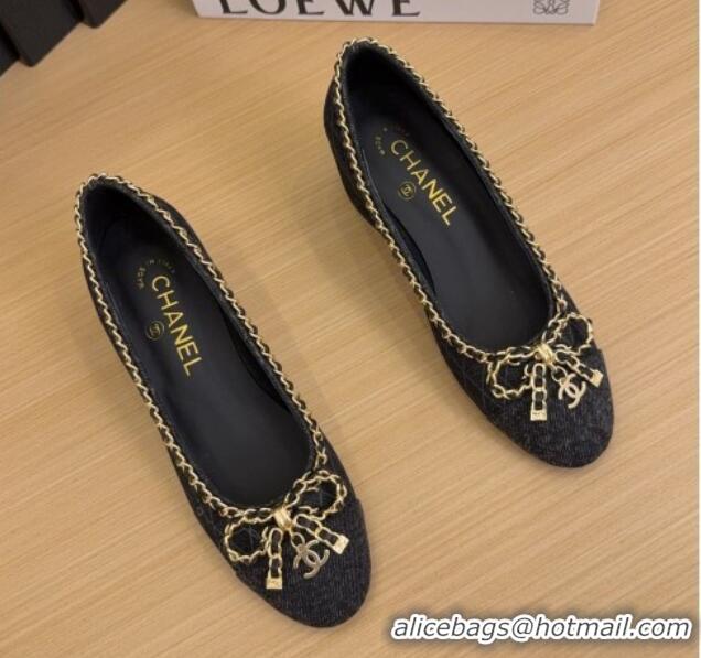 Luxurious Chanel Quilted Denim Pumps with Chain Bow Black 2025 CH041605