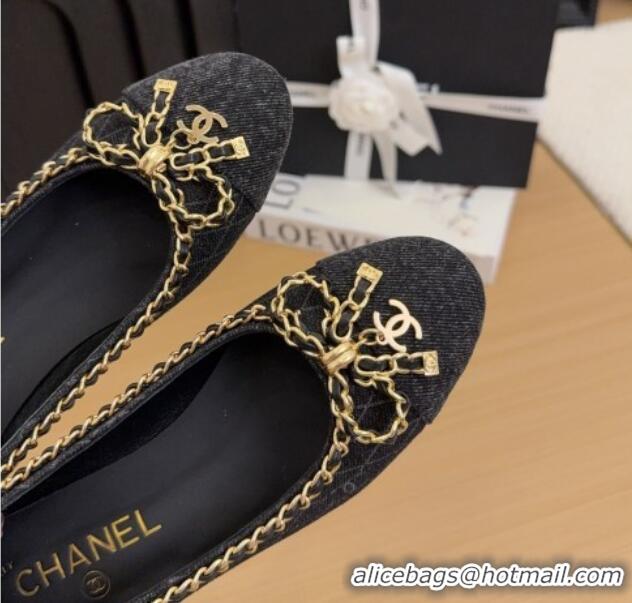 Luxurious Chanel Quilted Denim Pumps with Chain Bow Black 2025 CH041605