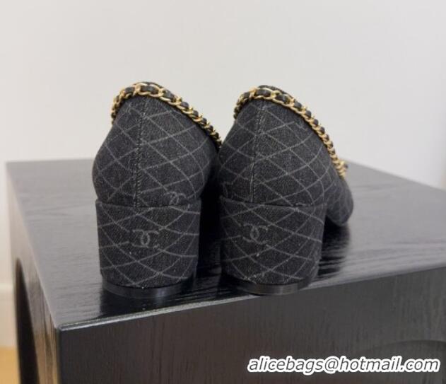 Luxurious Chanel Quilted Denim Pumps with Chain Bow Black 2025 CH041605
