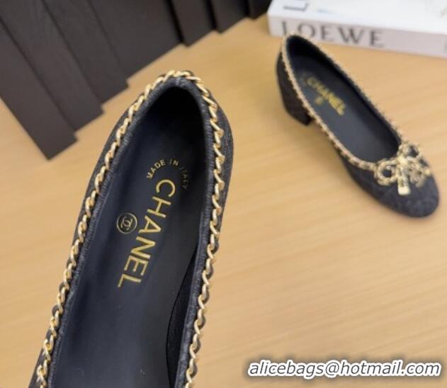 Luxurious Chanel Quilted Denim Pumps with Chain Bow Black 2025 CH041605
