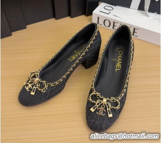 Luxurious Chanel Quilted Denim Pumps with Chain Bow Black 2025 CH041605