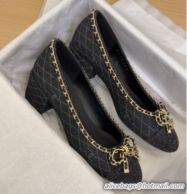 Luxurious Chanel Quilted Denim Pumps with Chain Bow Black 2025 CH041605