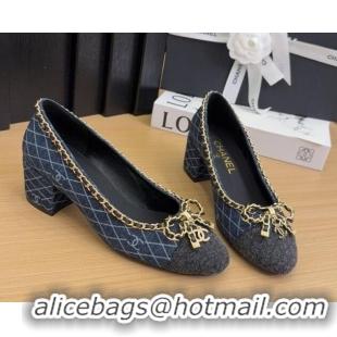 Best Product Chanel Quilted Denim Pumps with Chain Bow Dark Blue 2025 CH041605