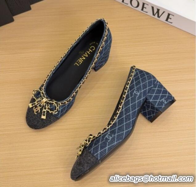 Best Product Chanel Quilted Denim Pumps with Chain Bow Dark Blue 2025 CH041605