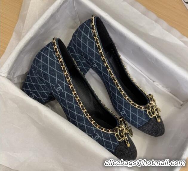 Best Product Chanel Quilted Denim Pumps with Chain Bow Dark Blue 2025 CH041605
