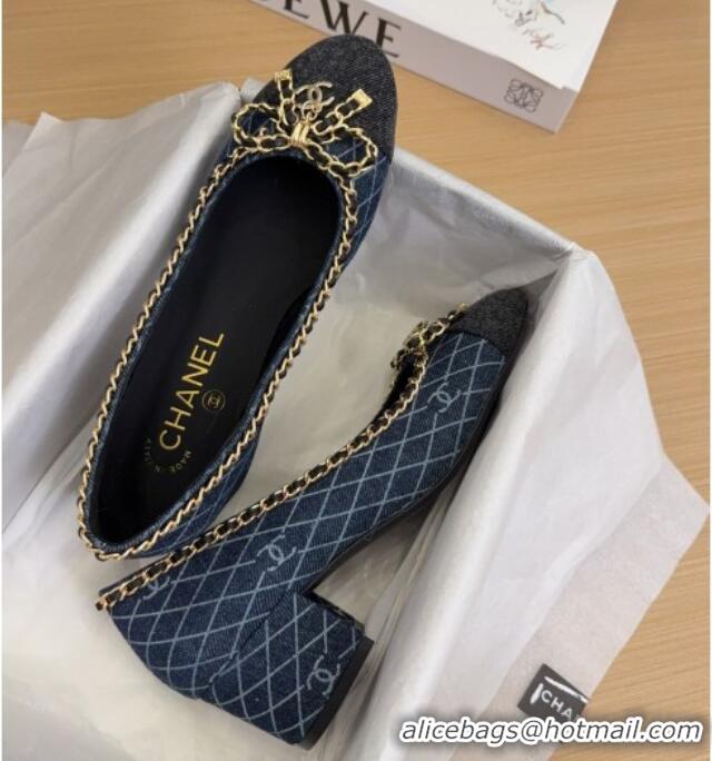 Best Product Chanel Quilted Denim Pumps with Chain Bow Dark Blue 2025 CH041605