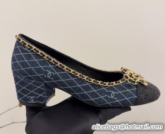 Best Product Chanel Quilted Denim Pumps with Chain Bow Dark Blue 2025 CH041605