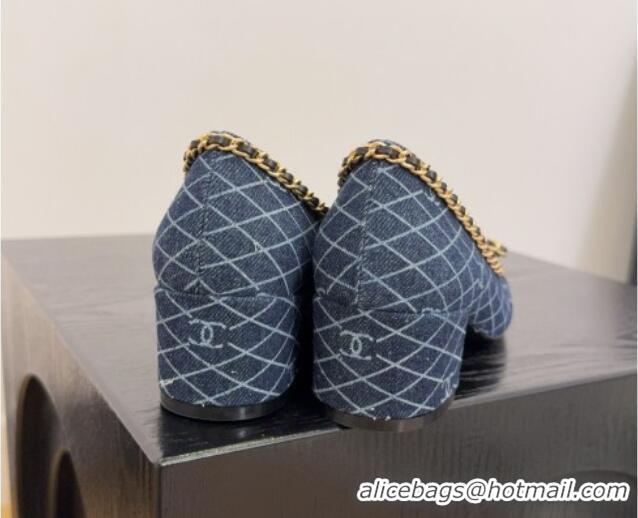 Best Product Chanel Quilted Denim Pumps with Chain Bow Dark Blue 2025 CH041605