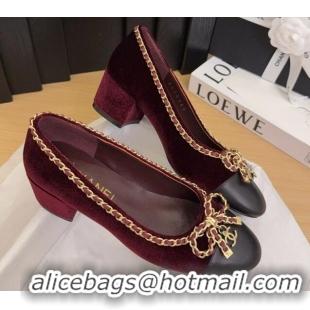 Sophisticated Chanel Velvet Pumps with Chain Bow Burgundy 2025 CH041605