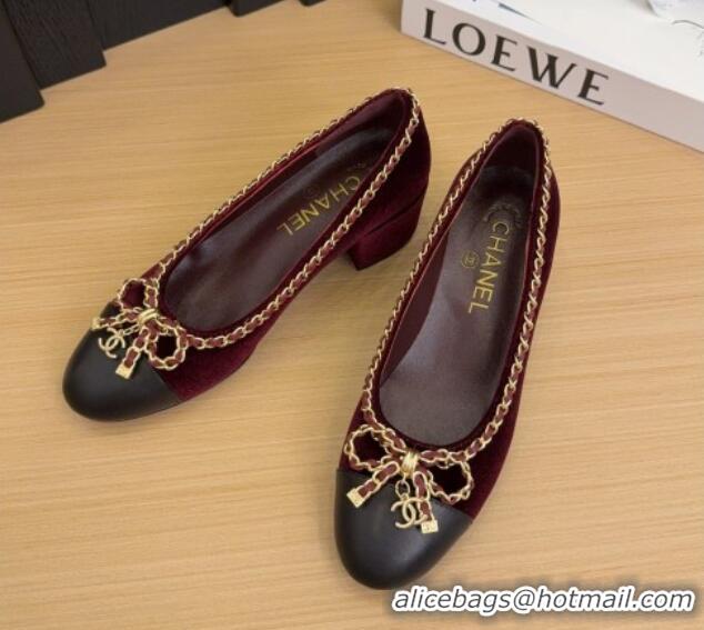 Sophisticated Chanel Velvet Pumps with Chain Bow Burgundy 2025 CH041605