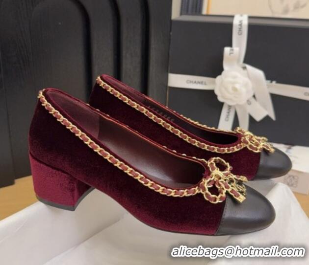 Sophisticated Chanel Velvet Pumps with Chain Bow Burgundy 2025 CH041605