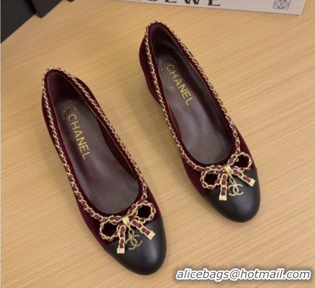 Sophisticated Chanel Velvet Pumps with Chain Bow Burgundy 2025 CH041605