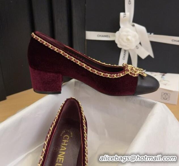 Sophisticated Chanel Velvet Pumps with Chain Bow Burgundy 2025 CH041605
