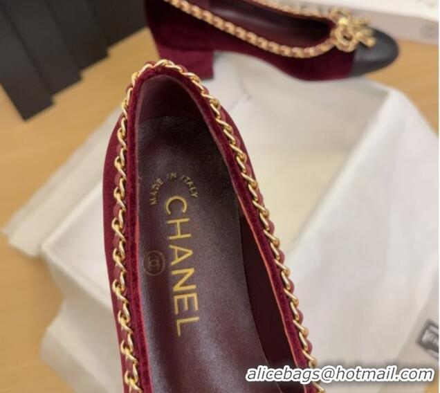 Sophisticated Chanel Velvet Pumps with Chain Bow Burgundy 2025 CH041605
