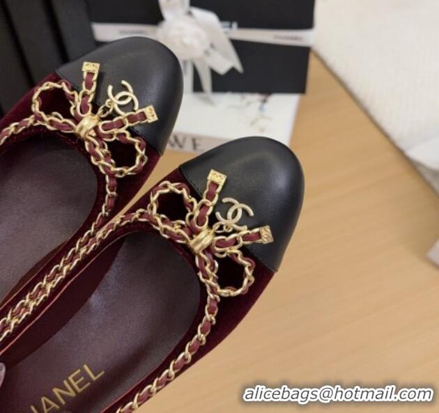 Sophisticated Chanel Velvet Pumps with Chain Bow Burgundy 2025 CH041605