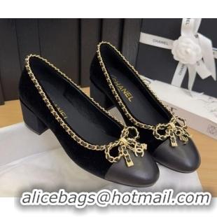 Buy Discount Chanel Velvet Pumps with Chain Bow Black 2025 CH041605