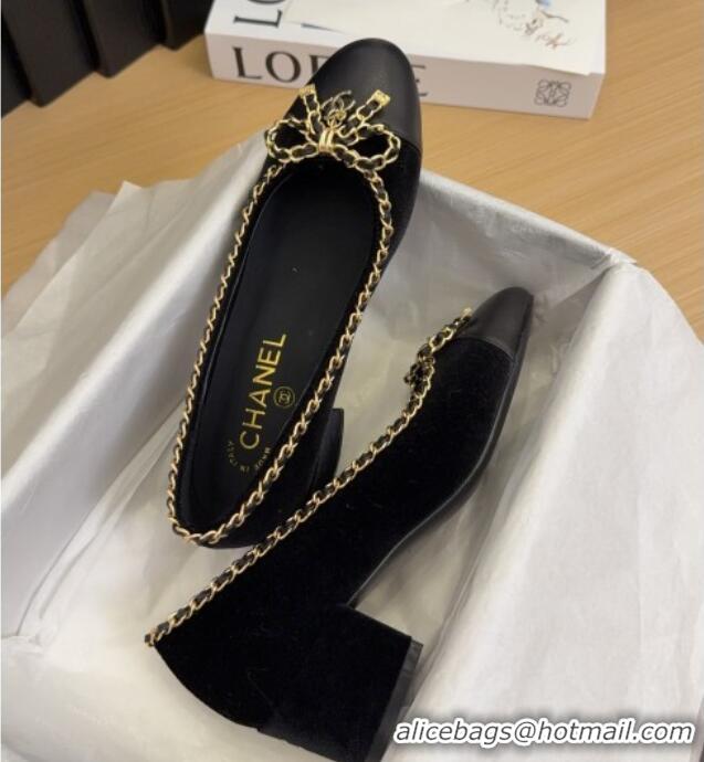 Buy Discount Chanel Velvet Pumps with Chain Bow Black 2025 CH041605