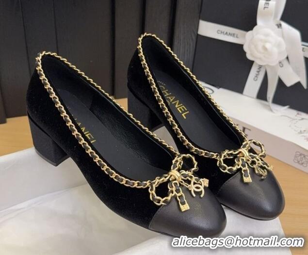 Buy Discount Chanel Velvet Pumps with Chain Bow Black 2025 CH041605