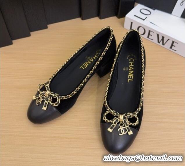 Buy Discount Chanel Velvet Pumps with Chain Bow Black 2025 CH041605