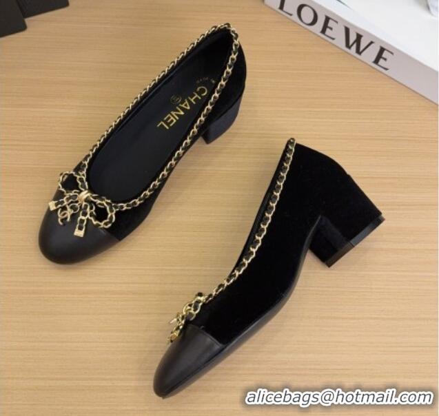 Buy Discount Chanel Velvet Pumps with Chain Bow Black 2025 CH041605
