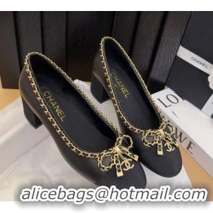 Durable Chanel Calfskin Pumps with Chain Bow Black 2025 CH041605